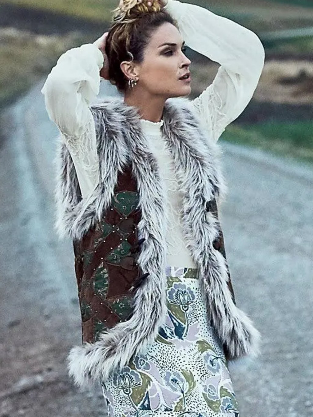 Free People Sterling Studded Fur Vest Faux Fur Trim Patchwork Vest Bohemian